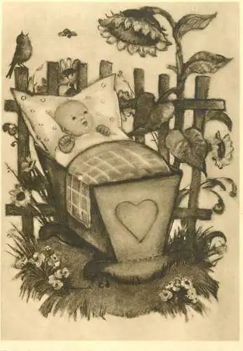 Kunstler Postkarte Hummel drawn baby sunflowers & bird