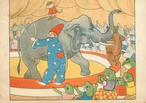 Circus entertainment drawn elephant clown mouse & humanized frogs comic postcard Germany 1939