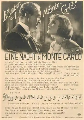 Movie "Bomben auf Monte-Carlo" Eine Nacht im Monte Carlo Hans Albers & Anna Sten actors music song lied postcard