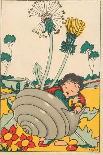 Daumesdick - Links shell dandelion girl artist postcard