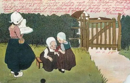 Drawn Dutch girls children themed postcard 1905