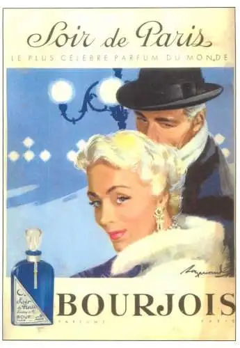 Perfume advertising postcard Soir de Paris Bourjois poster
