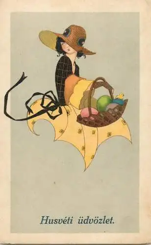 Holiday postcard Easter scene egg basket
