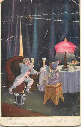 Holiday postcard children elf champagne