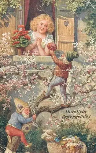 Holiday postcard Easter scene garden gnom
