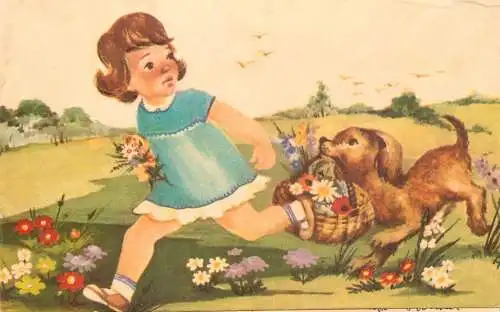 Holiday postcard children flower basket dog