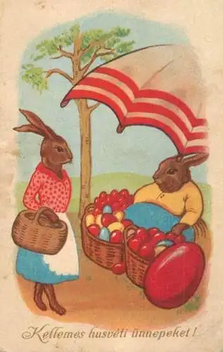Holiday postcard Easter humanized rabbits egg basket