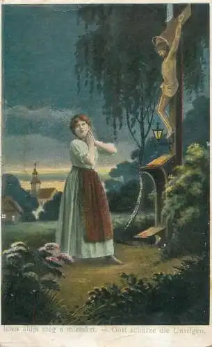 Holiday postcard religious scene Jesus cross