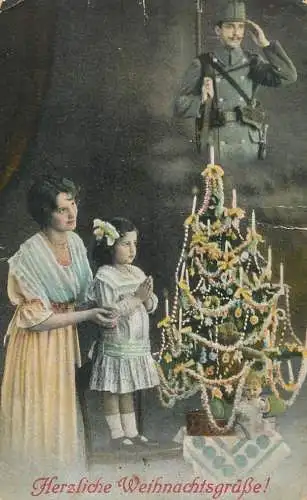 Holiday postcard Children Christmas tree soldier uniform