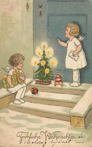 Holiday postcard Children Christmas tree angels