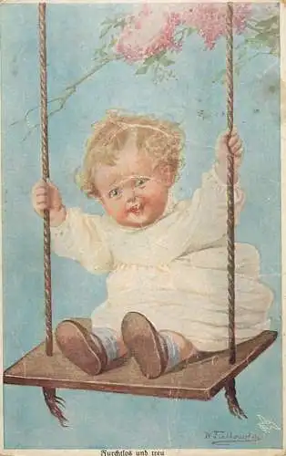 Holiday postcard Children baby bebe on a swing