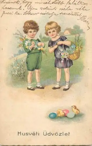 Holiday postcard Children Easter flower basket