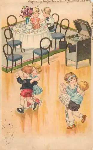 Holiday postcard Children dances restaurant