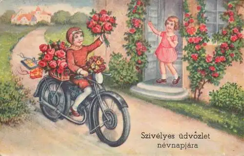 Holiday postcard Children motorcycle flowers