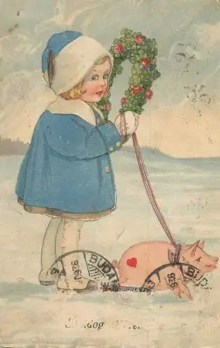 Holiday postcard Children pig flowers