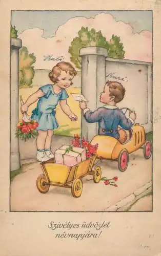 Holiday postcard Children young love flowers gifts