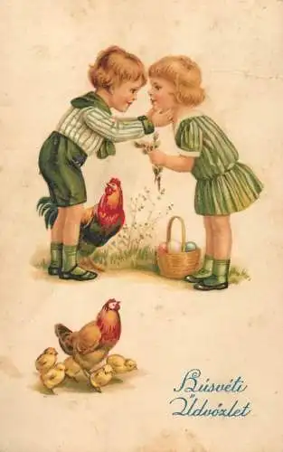 Holiday postcard Children young love chicks Hungary