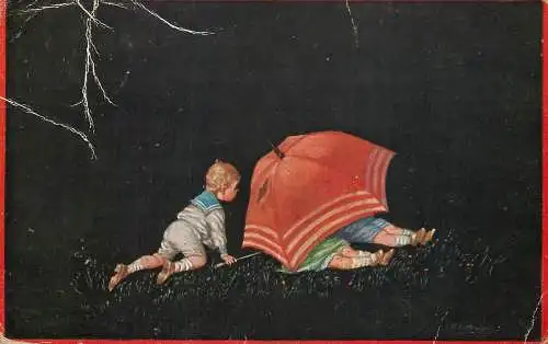 Holiday postcard Children umbrella play game