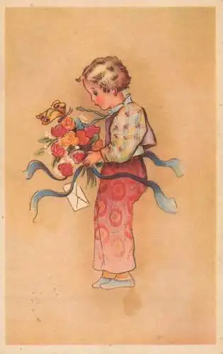 Holiday postcard Children flower bouquet basket