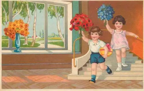 Holiday postcard Children flower bouquet basket