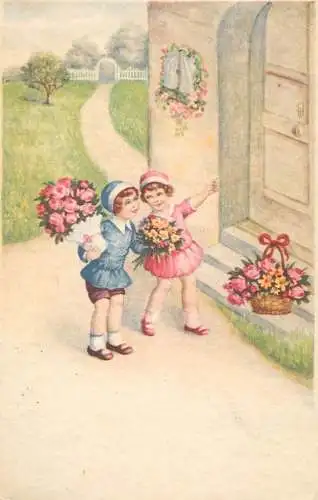 Holiday postcard Children flower bouquet basket