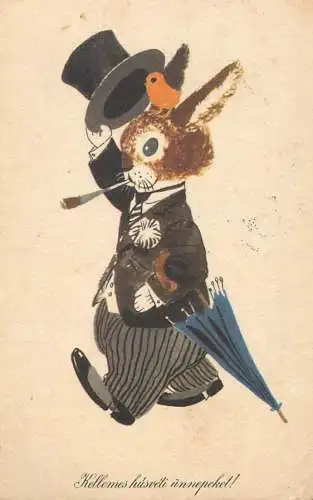 Holiday postcard humanized animals rabbit tuxedo