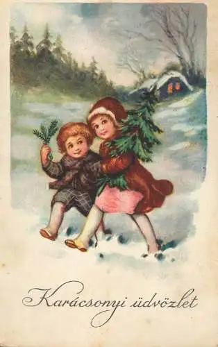 Holiday postcard Christmas children winter landscape