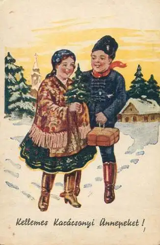 Holiday postcard Christmas traditional costumes