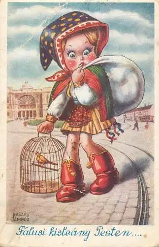 Holiday postcard girl red riding hood canary in a cage