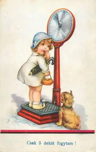 Holiday postcard girl on a scale dog