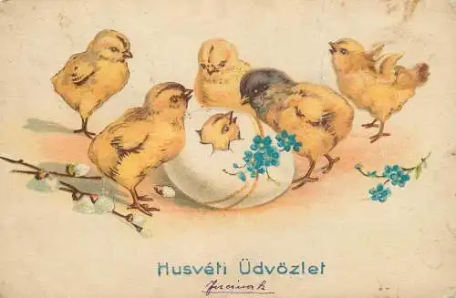 Holiday postcard Easter chicks eggs Hungary