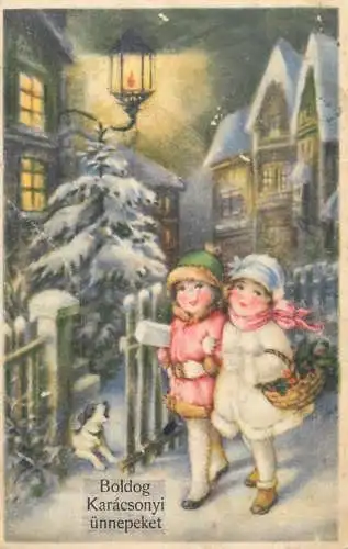 Holiday postcard Christmas scene children city winter