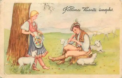 Holiday postcard Easter lambs flute player