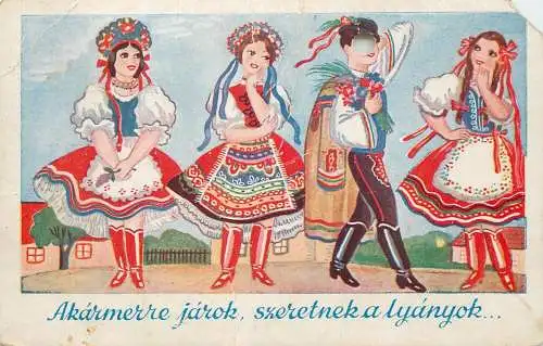 Holiday postcard rtraditional costumes Hungary