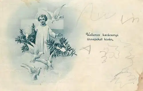 Holiday postcard Christmas angel dove Hungary