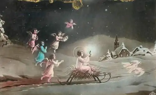 Holiday postcard angels winter landscape