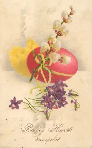 Holiday postcard Easter scene egg lilac flowers