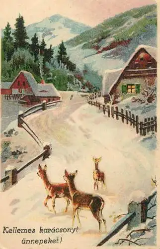 Holiday postcard Christmas scene winter landscape deer