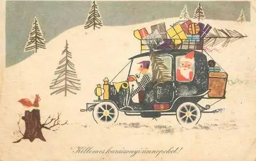 Holiday postcard Christmas Santa automobile squirrel