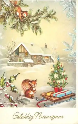 Holiday postcard New Year winter landscape squirrel Christmas tree