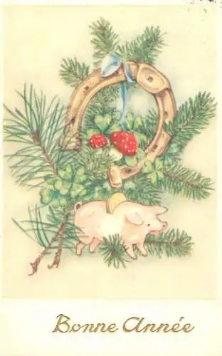 Holiday postcard New Year piggy bank horseshoe shamrock