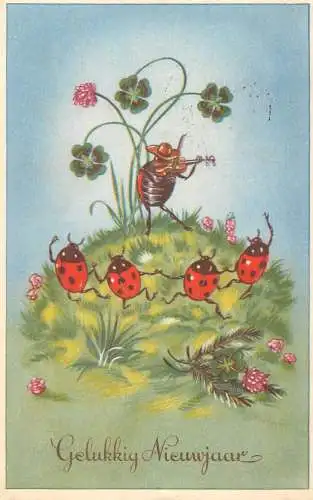 Holiday postcard New Year ladybug shamrock