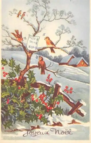 Holiday postcard Christmas scene birds singing mistle toe