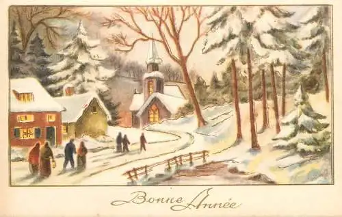 Holiday postcard New Year winter landscape village