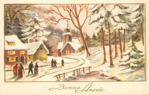 Holiday postcard New Year winter landscape village