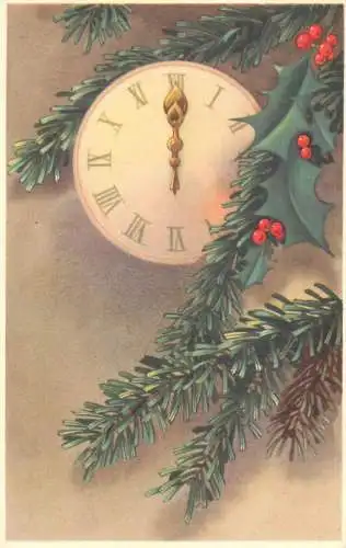 Holiday postcard New Year winter clock