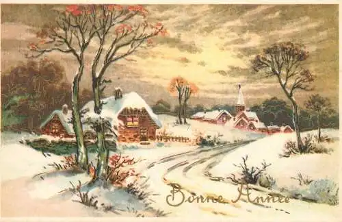 Holiday postcard New Year winter village landscape
