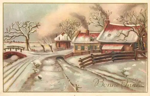 Holiday postcard New Year winter village landscape