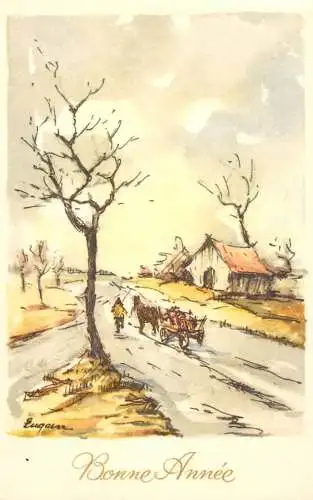 Holiday postcard New Year winter scenery village carriage