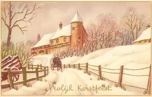 Holiday postcard New Year winter scenery village carriage